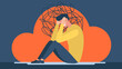 © Yurii - Frustrated man with a nervous problem feels anxiety and confusion of thoughts flat illustration. Mental disorder and chaos in consciousness. The guy sitting on the floor with anxiety touch head