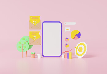 Wall Mural - 3D rendering digital document Optimization web analytics email marketing development concept with Through smartphone screen blank on pink pastel. Composition template Advertising illustration