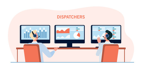 Wall Mural - Two dispatchers watching graphs on screen. Computer, network, internet flat vector illustration. Statistics and communication concept for banner, website design or landing web page