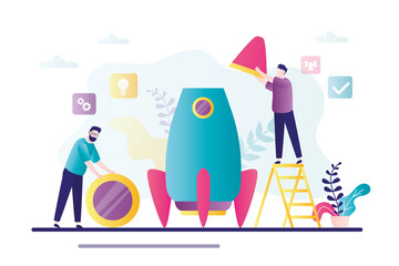 Wall Mural - two businessmen build rocket together. entrepreneurs preparing to launch new project. male character