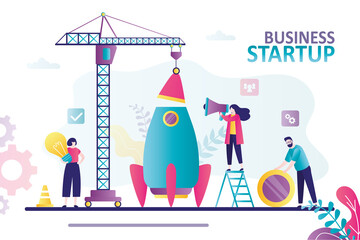 Wall Mural - big crane lowers rocket part. business people start up new project. team builds large spaceship