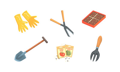 Poster - Gardening Tools Collection, Rubber Gloves, Pruner, Shovel, Seeds Cartoon Vector Illustration