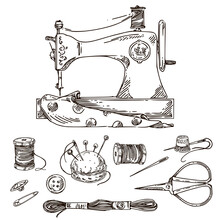 Vintage Sewing Machine With Tools. Engraving Stule. Vector Illustration.
