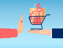 Vector Of A Woman Hand Rejecting Shopping Bags With Products On Sale