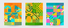 Geometric Summer Backgrounds With Simple Shapes And Figures Forming Sunglasses,drink,orange,watermelon,pineapple,ice Cream And Other Summer Symbols.Posters,flyers,banners For Covers,web,print.Vector.