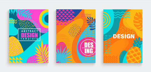 Wall Mural - Abstract summer cards,banners,flyers with spotty pattern of geometric figures,line,wave,dot in trendy memphis style.Fluid shapes in summertime backgrounds.Template for design,sales,social media,web.