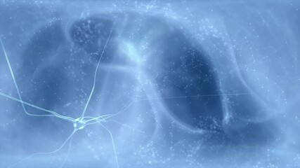 Wall Mural - glowing transparent flashing neuron cell in the brain animation on blurred blue copy space animation