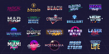 Vector Set Of Futuristic Logos In Retro 80s Style. Vaporwave, Synthwave Logo Set For Night Club, Casino, Music Album, Party Invitation Designs. Print For T-shirt, Tee. 20 Colorful Neon Logo Designs.