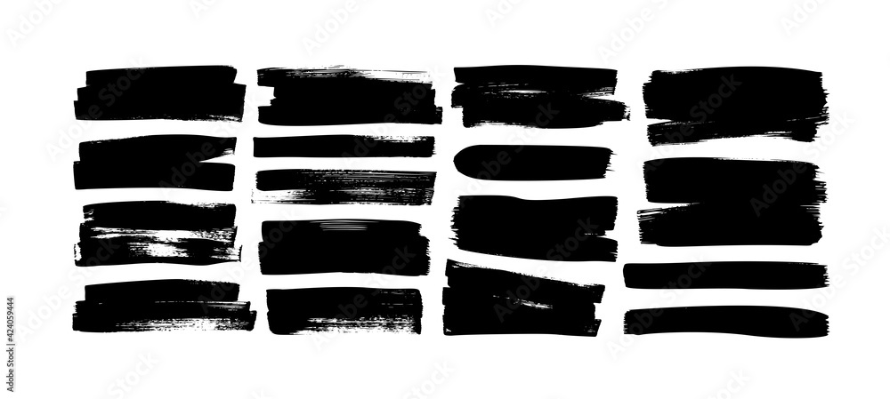 Set of grunge rectangles and stripes template backgrounds. Vector black painted rectangular shapes. Hand drawn brush strokes isolated on white. Dirty grunge design frames, borders or template for text - obrazy, fototapety, plakaty 