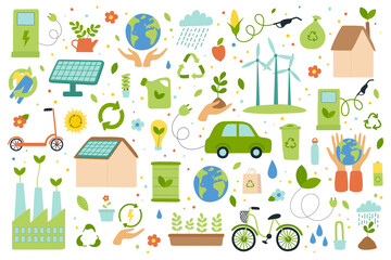 set of eco friendly lifestyle, environment protection, alternative energy, care about nature. green 