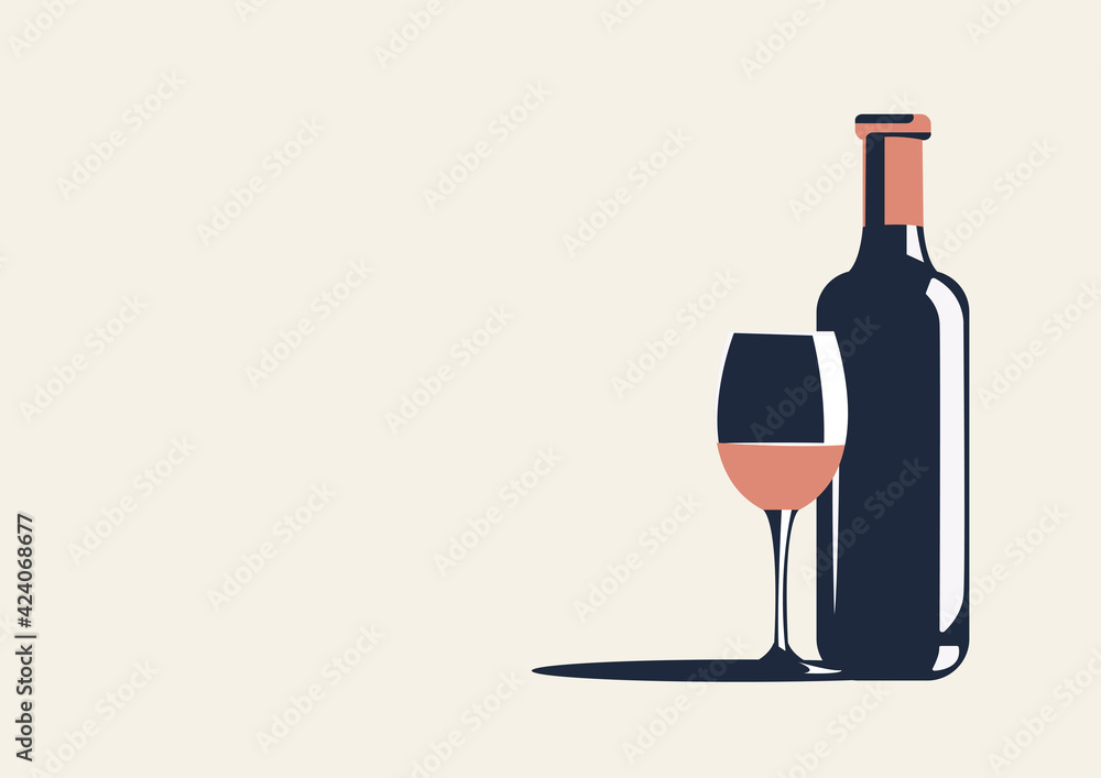 Vector illustration of a bottle of wine and a glass. There is space for text nearby - obrazy, fototapety, plakaty 