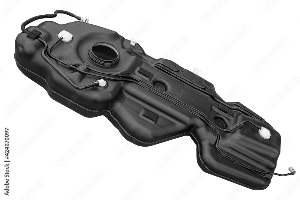 New plastic fuel tank complete with car fuel pipes on white background