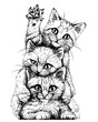 Cats. Wall sticker. Graphic, black and white sketch depicting three cute kittens on a white background. Digital Vector graphics.