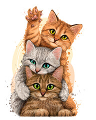 Wall Mural - Cats. Wall sticker. Color, graphic portrait of three cute kittens on a white background in watercolor style. Digital Vector Graphics.  Individual layers