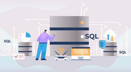 Wall Mural - male admin working with dataserver sql structured query language concept horizontal
