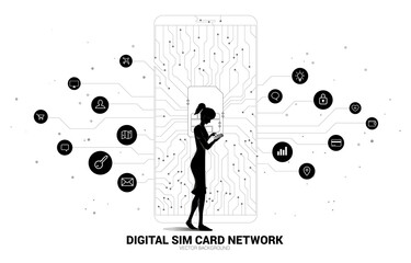 Poster - businesswoman with mobile phone and dot connect line shaped sim card icon in mobile phone circuit board style with functional icon. Concept for mobile sim card technology and network.