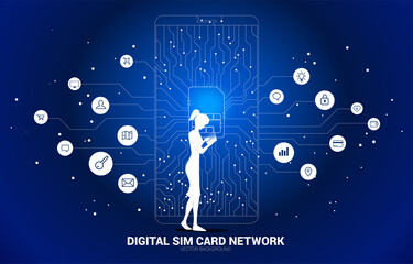Poster - businesswoman with mobile phone and dot connect line shaped sim card icon in mobile phone circuit board style with functional icon. Concept for mobile sim card technology and network.