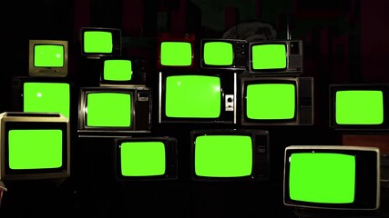 Wall Mural - zoom out from retro tv green screen to a stack of retro tv turning off green screens. you can replac