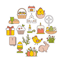 Set Of Linear Easter Icons With Egg, Baby Chicken, Pussy Willow, Bunny, Bible, Flip Calendar, Traditional American Church, Cross, Easter Cake Kulich, Spring Flowers Tulips And Grass