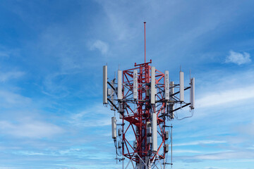 Wall Mural - Telecommunication tower of 4G and 5G cellular. Macro Base Station. 5G radio network telecommunication equipment with radio modules and smart antennas mounted on a metal against blue sky background.