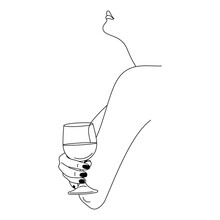 Woman Holding Wineglass In A Minimal Trendy Linear Style . Vector Fashion Illustration Of Female Figure In Profile.