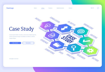  Case study isometric landing page. Business information research and analysis, education and knowledges methods and criterias, studying project development methodology concept, 3d vector web banner
