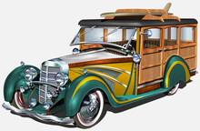 Retro Woody Car With Surfboards.
