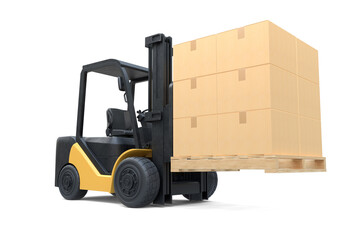 Wall Mural - The forklift truck is lifting a pallet with cardboard boxes on white background