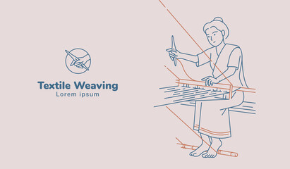 Woman working on weaving hand woven illustration. Line art vector.