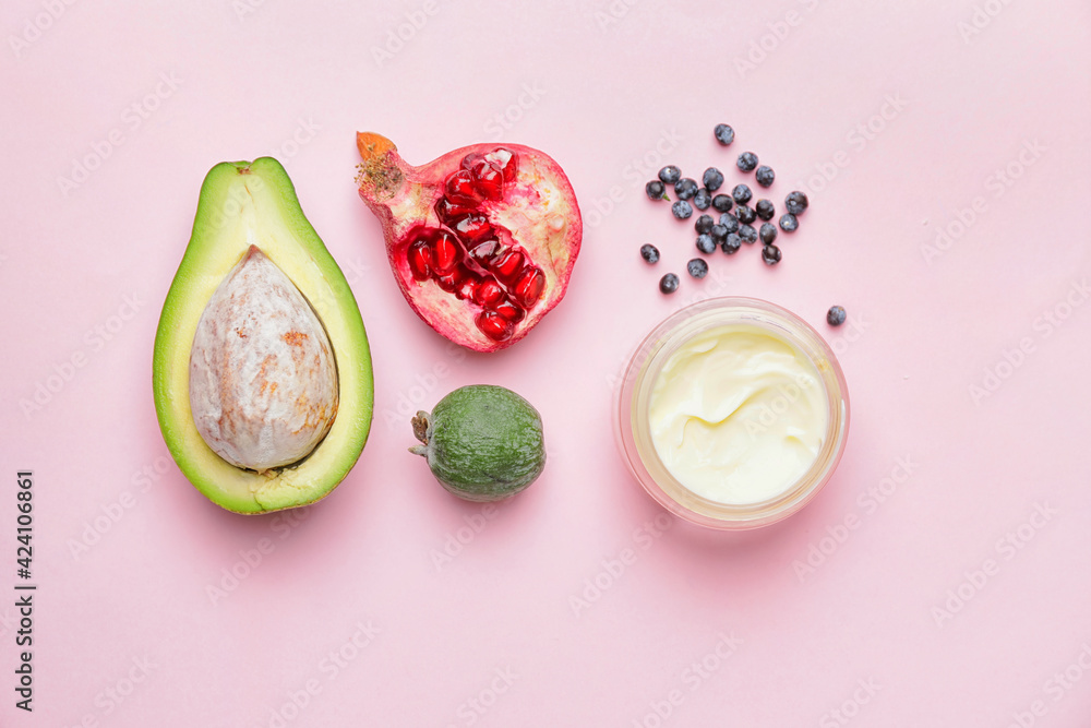 Composition with jar of natural cream on color background