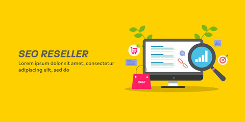 Seo software application, affiliate marketing and seo reseller program company service concept. Flat design web banner with text.