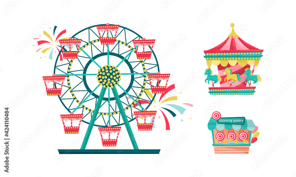 Amusement Park with Ride Attractions for Entertainment Vector Set - obrazy, fototapety, plakaty 