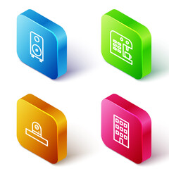 Sticker - Set Isometric line Stereo speaker, Coffee machine, Security camera and House icon. Vector