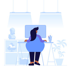 Wall Mural - woman working at computer in back view
