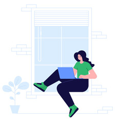 Wall Mural - woman working at laptop sitting on windowsill