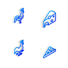 Sticker - Set Isometric line Cheese, French rooster, Rooster weather vane and Louvre museum icon. Vector