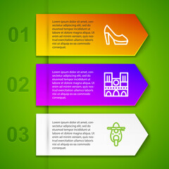 Sticker - Set line Woman shoe, Notre Dame, Scooter and Mannequin. Business infographic template. Vector