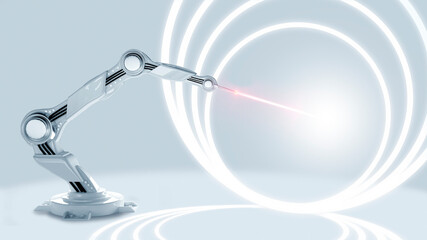 Robotic robot arm, industrial machine with laser beam. Futuristic light background with neon white light shapes. 3D illustration.