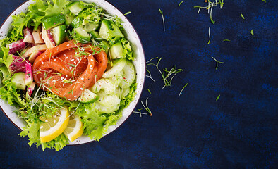 Ketogenic diet breakfast. Salt salmon salad with greens, cucumbers, celery and watermelon radish. Keto, paleo lunch. Top view, above