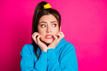 Canvas Print - Photo of attractive horrified girl hands on cheeks teeth look empty space worrying isolated on pink color background