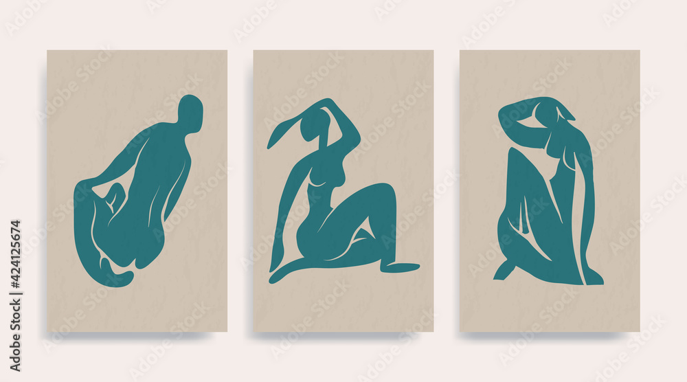 Contemporary Henri Matisse abstract vector poster. Woman nude figure sitting silhouette line art Matisse painting. Pastel reproduction of painting. Geometric shape collage. - obrazy, fototapety, plakaty 