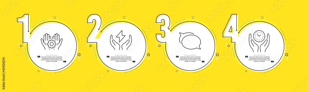 Employee hand, Safe energy and Talk bubble line icons set. Timeline process infograph. Safe time sign. Work gear, Thunderbolt, Chat message. Management. Technology set. Vector - obrazy, fototapety, plakaty 