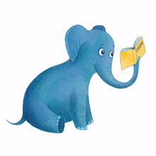 Cute Blue Baby Elephant Reading A Book. Cartoon Character.
