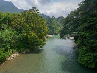 Landscape view on Batang river and surrounding tropical jungle with hanging bridge in background, Tangkahan, Gunung Leuser National Park, North Sumatra, Indonesia