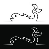 Fototapeta Koty - Drawn linear silhouette of a fish on a white and black background for the logo and design 