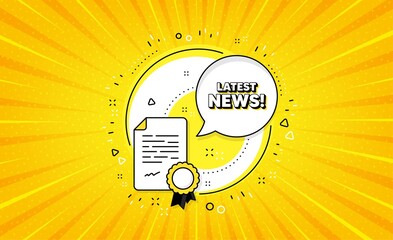 Sticker - Latest news symbol. Yellow vector button with certificate. Media newspaper sign. Daily information. Latest news line icon. Abstract yellow background. Vector