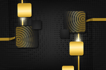 Wall Mural - Abstract 3d background with layers of black paper. Vector geometric illustration of carbon sliced shapes with gold glittering elements.