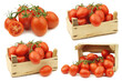 fresh and colorful italian roma tomatoes on the vine in a wooden crate on a white background
