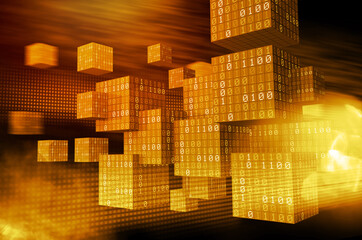 Blockchain technology binary digital data moving 3d concept