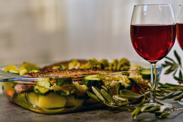 two glasses of red wine and a large glass dish with baked fish and vegetables